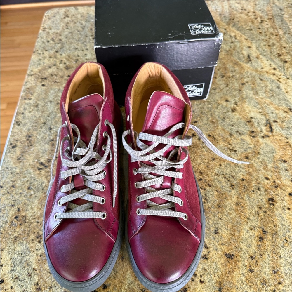 Stylish Saks Fifth Avenue Burgundy High-Top Sneakers